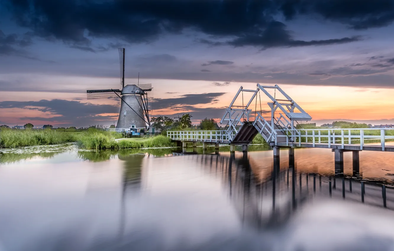Фото обои вода, пейзаж, мост, природа, деревня, мельница, Нидерланды, Киндердейк