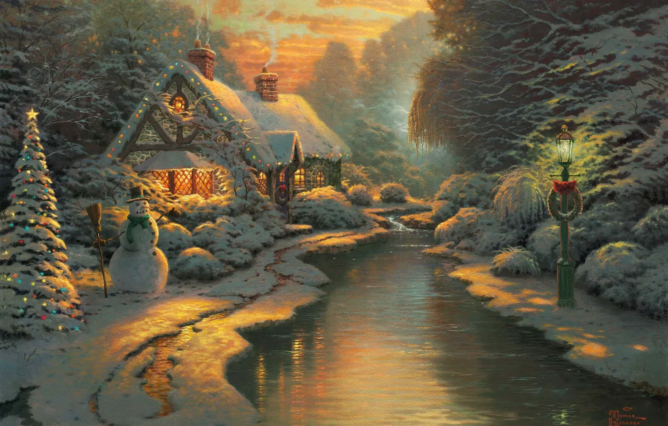 Фото обои house, forest, Christmas, river, sunset, brook, snow, Thomas Kinkade