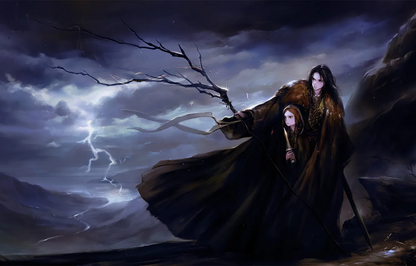 Фото обои девушка, молния, меч, долина, Парень