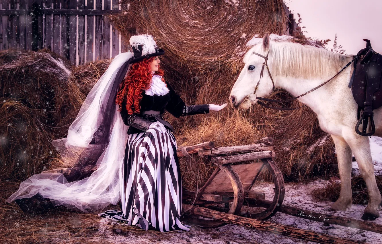 Фото обои девушка, снег, конь, волосы, лошадь, шляпа, сено, наряд