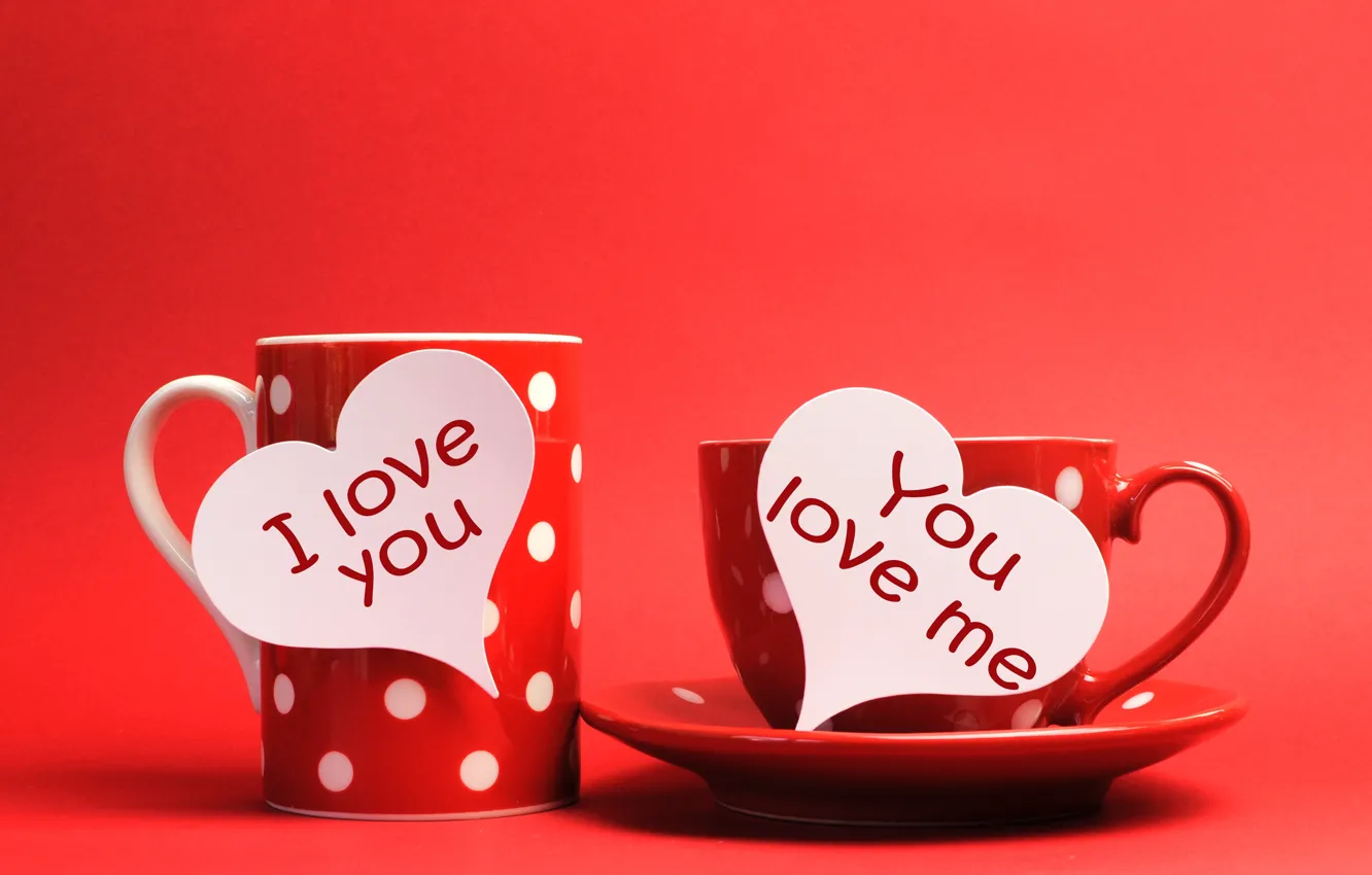 Фото обои красный, надписи, фон, сердца, кружка, чашка, сердечки, I love you