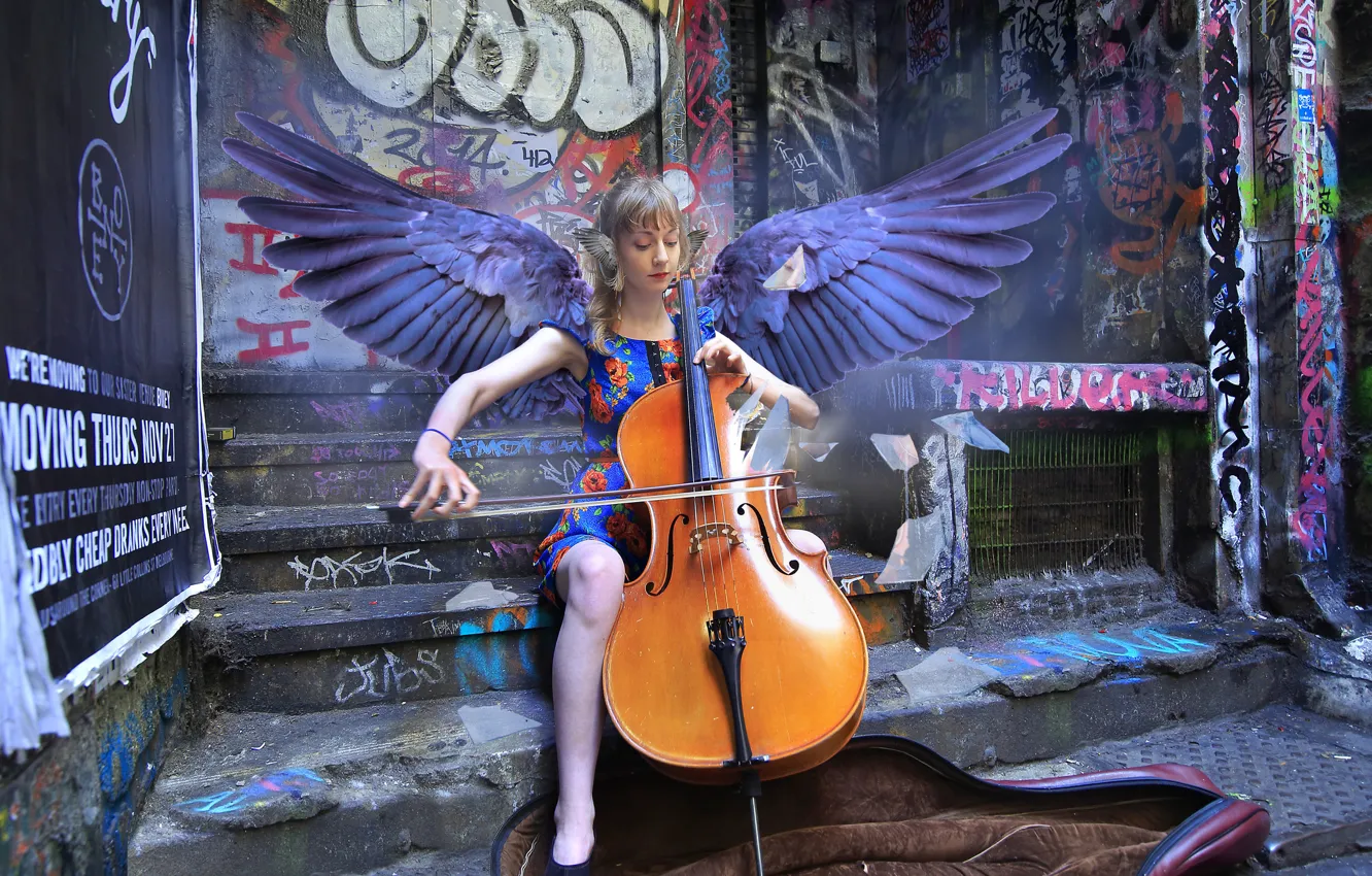 Фото обои девушка, крылья, виолончель