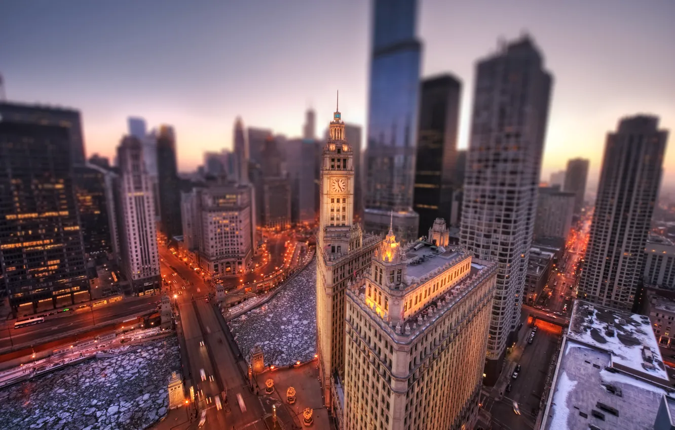 Фото обои зима, город, вид, высота, утро, Чикаго, США, Chicago