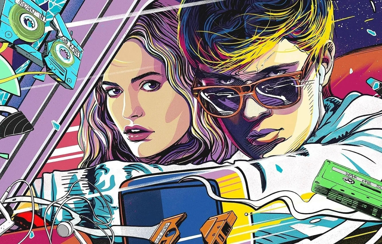Фото обои девушка, малыш, очки, автомобиль, Baby, поп арт, Baby Driver, Малыш на драйве