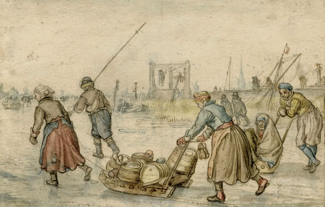 Фото обои рисунок, Хендрик Аверкамп, Hendrick Avercamp, 1595, Крестьяне и бегуны на коньках на льду