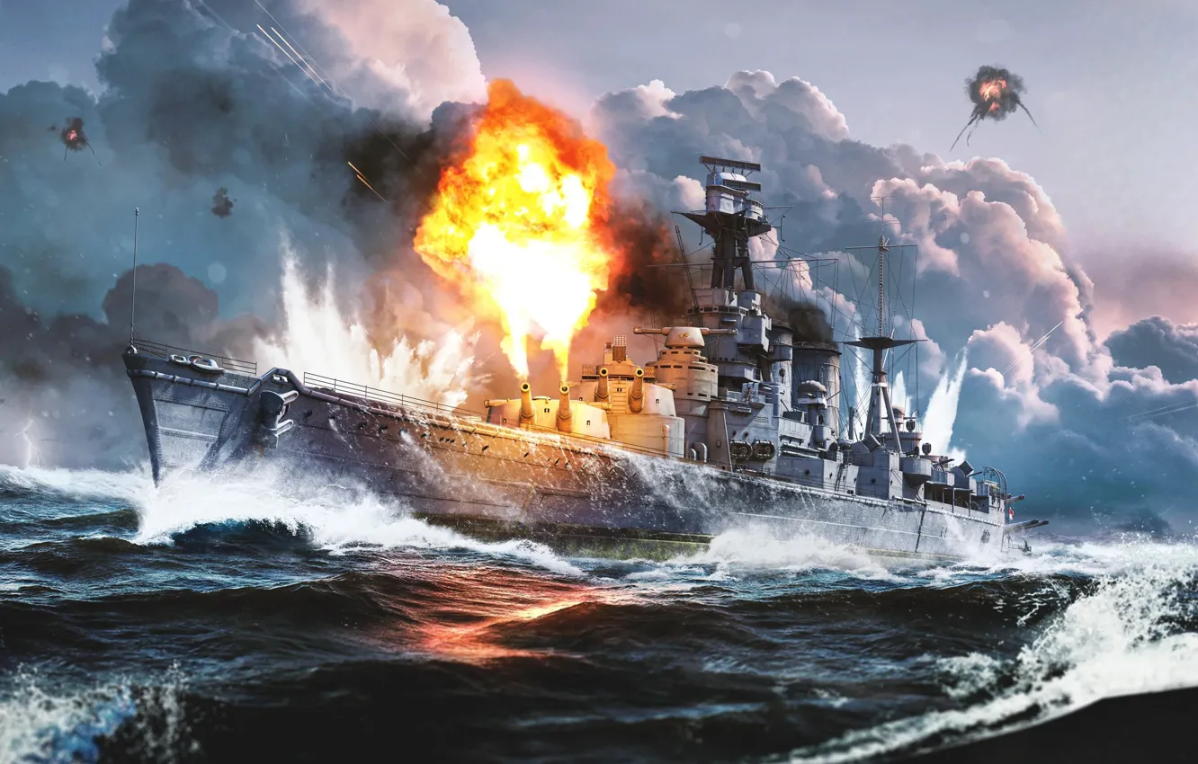 Фото обои Облака, Волны, Корабль, Выстрел, Game, War Thunder