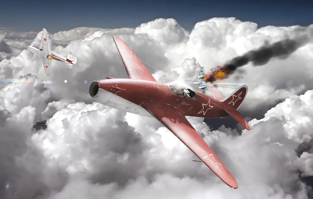 Фото обои небо, облака, самолет, война, истребитель, реактивный, war thunder, Як-15