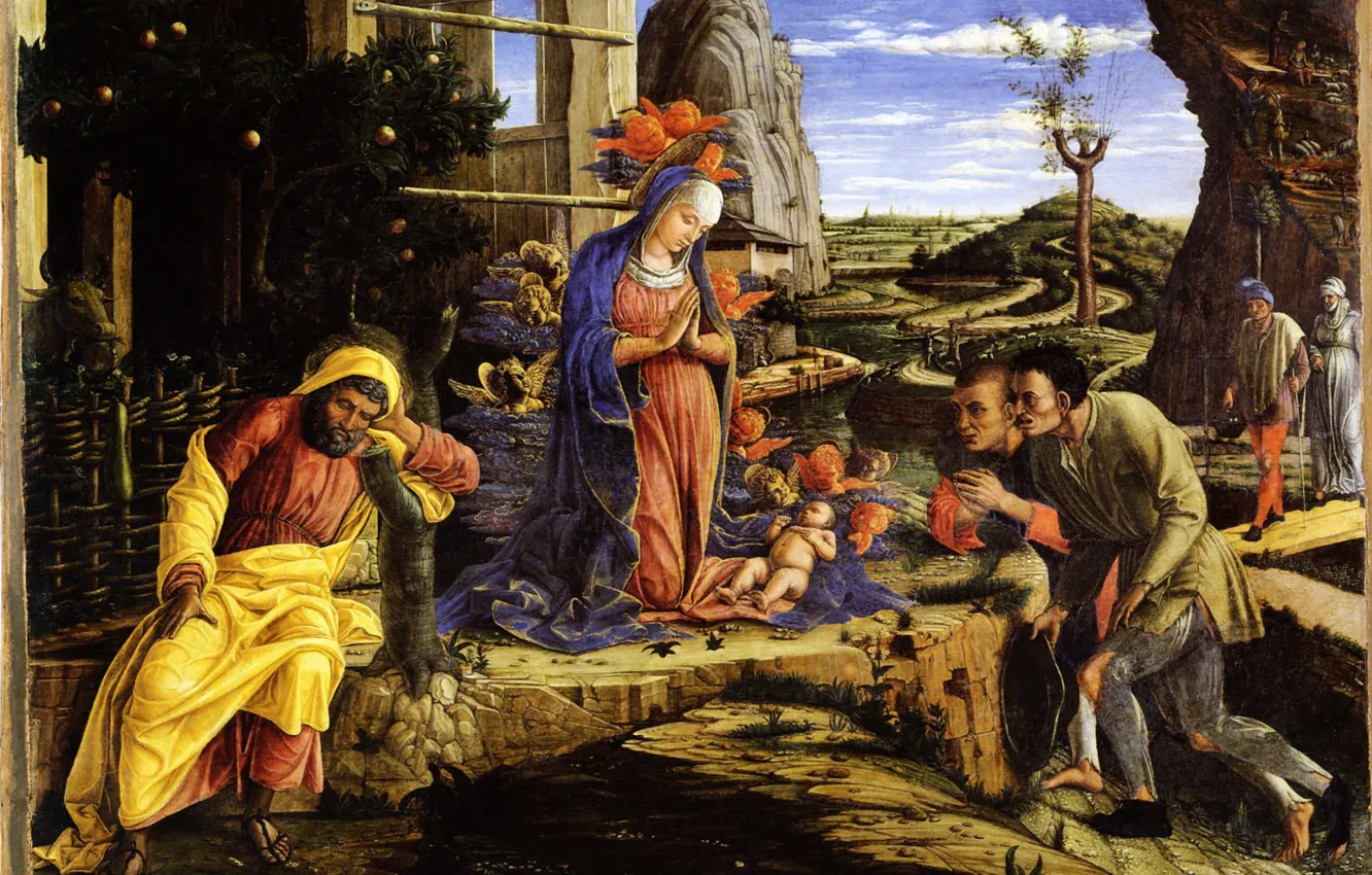 Фото обои New York, Andrea Mantegna, Bois transposé sur Toile, Metropolitan museum, L'Adoration des Bergers, 1456