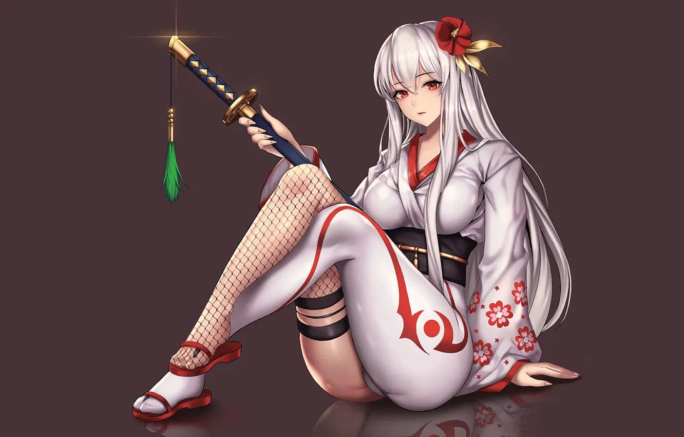 Фото обои girl, sword, sexy, yukata, thighhighs, long hair, dress, anime