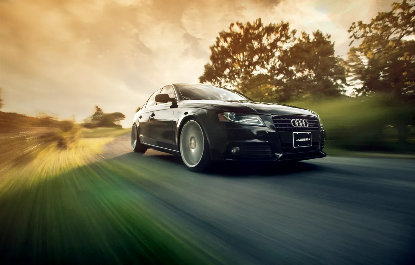 Фото обои движение, скорость, black, Audi A4 B8, Vossen Wheels, Ronaldo Stewart