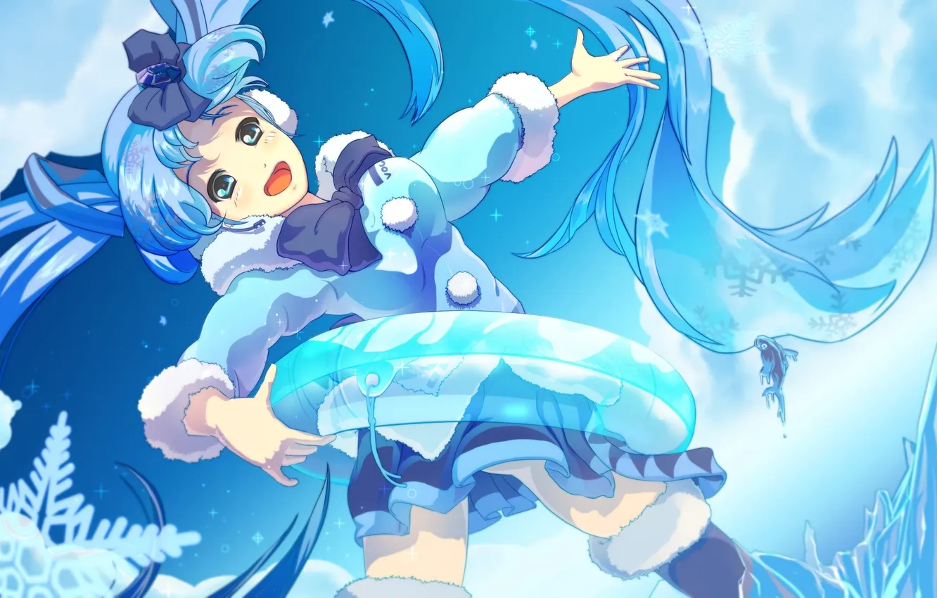 Фото обои лед, девушка, радость, снежинки, рыбка, наушники, vocaloid, hatsune miku