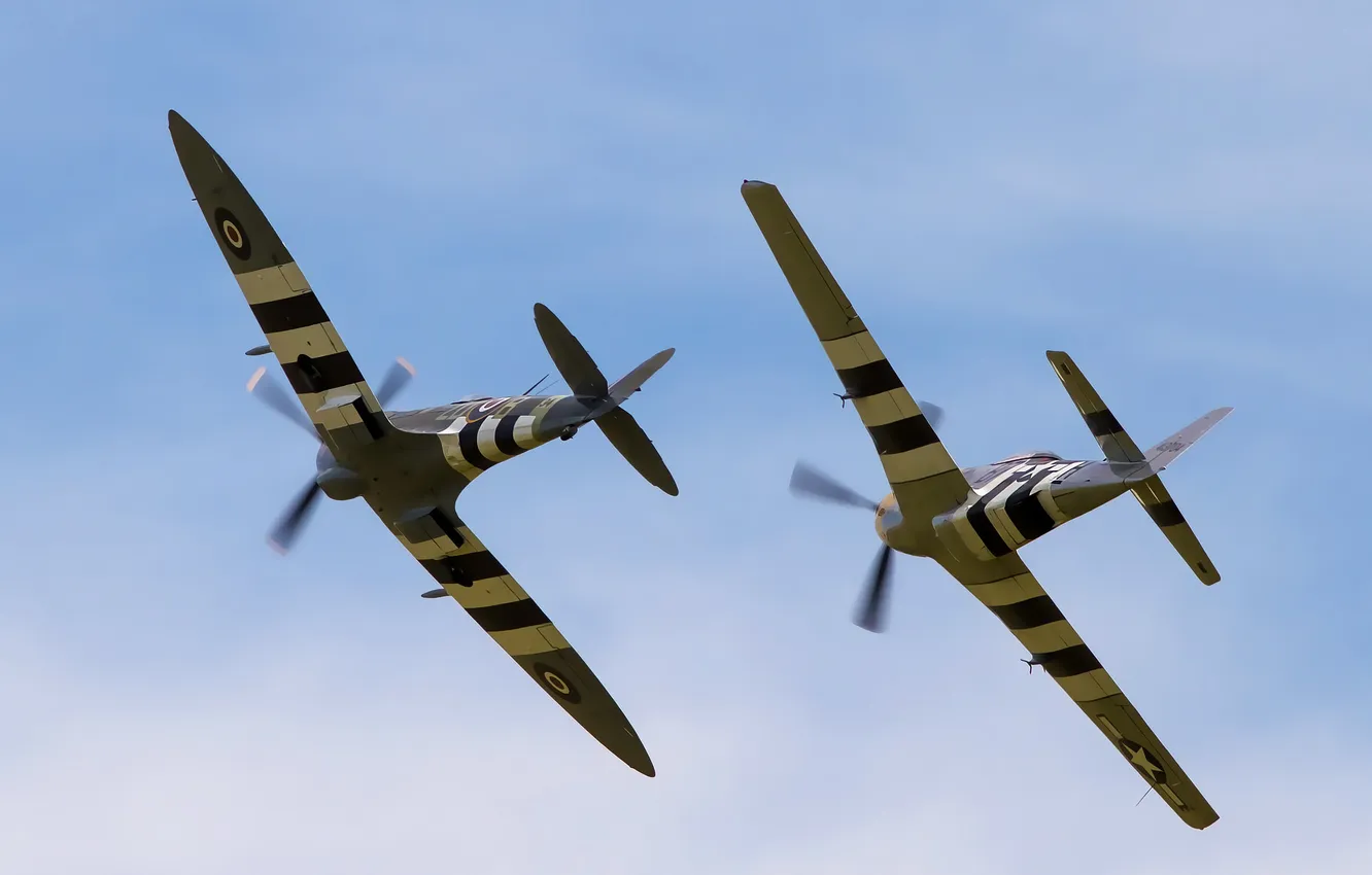 Фото обои истребители, полёт, P-51D Mustang, Supermarine Spitfire