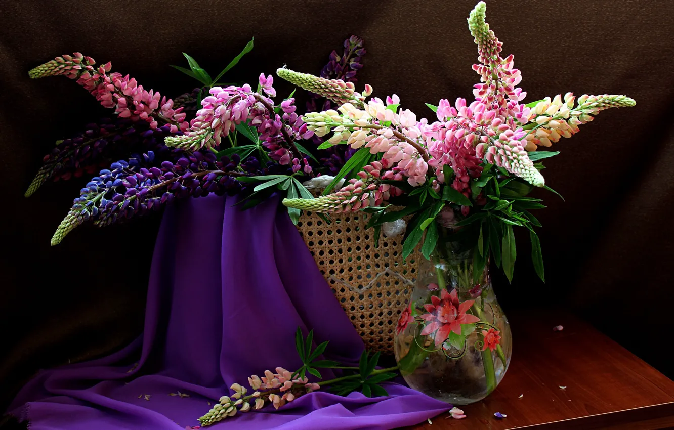 Фото обои лето, цветы, букет, натюрморт, люпины
