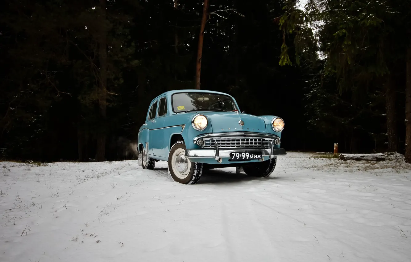Фото обои зима, лес, USSR, Moskvich, ретро автомобиль, Moskvich 407, Black plates