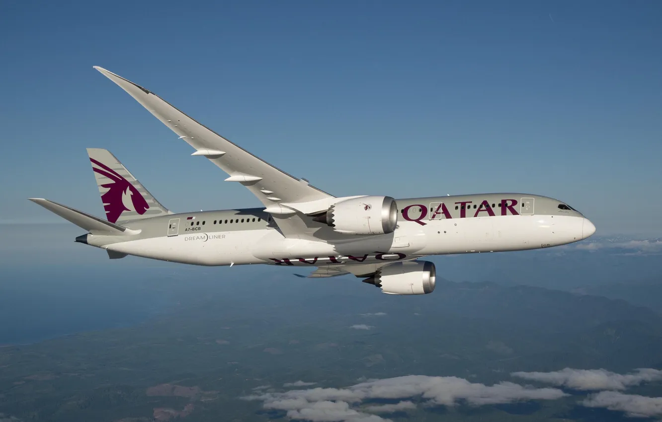 Фото обои Самолет, Лайнер, 787, Boeing, Dreamliner, Boeing 787, Qatar Airways, Пассажирский самолёт