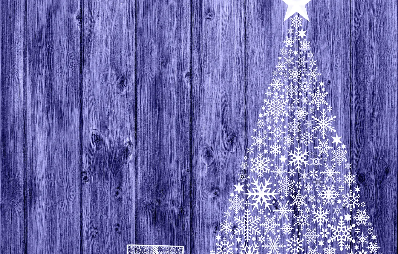 Фото обои зима, снежинки, дерево, доски, звезда, текстура, Рождество, подарки