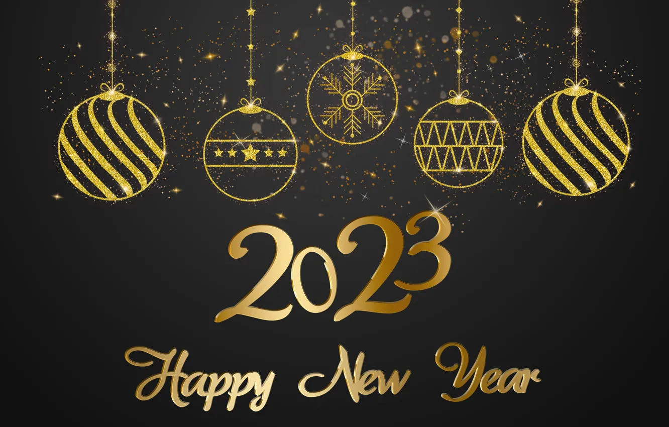 Фото обои золото, шары, Новый Год, цифры, golden, happy, balls, New Year