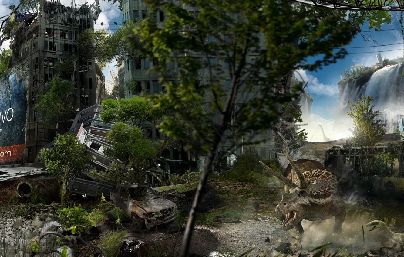 Фото обои город, здания, разруха, динозавры, постапокалипсис, Берлин, Alexander Koshelkov, Dual Monitor