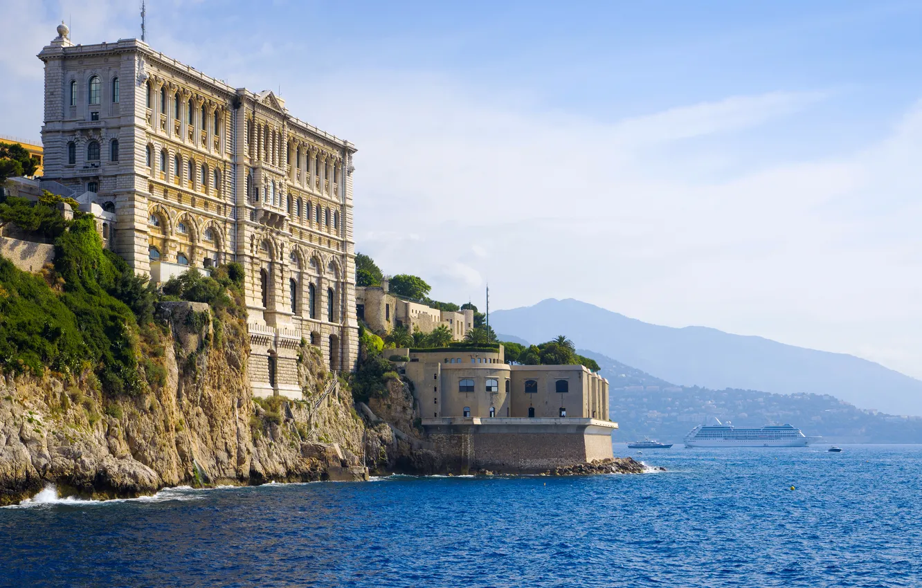 Фото обои море, горы, скалы, побережье, здание, дома, музей, Монако