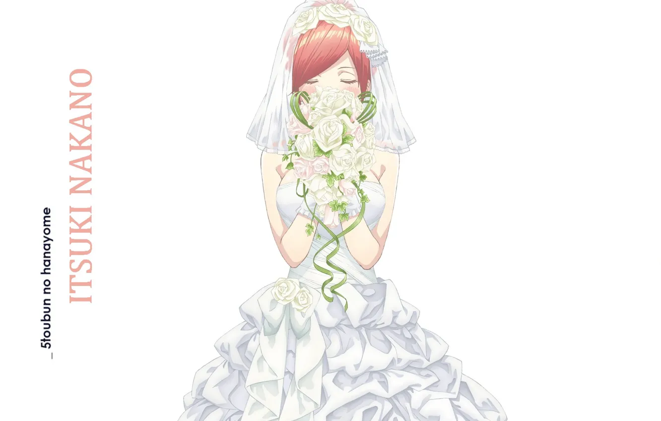 Фото обои белый фон, рыжая, свадебное платье, закрытые глаза, букет невесты, венок из роз, Toubun no Hanayome, …