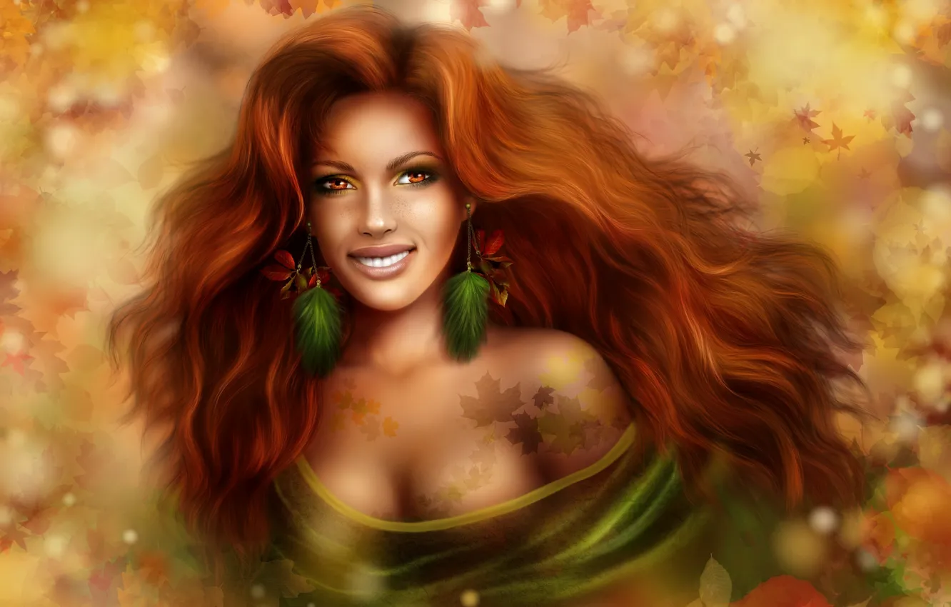 Фото обои осень, листья, девушка, улыбка, волосы, рыжая