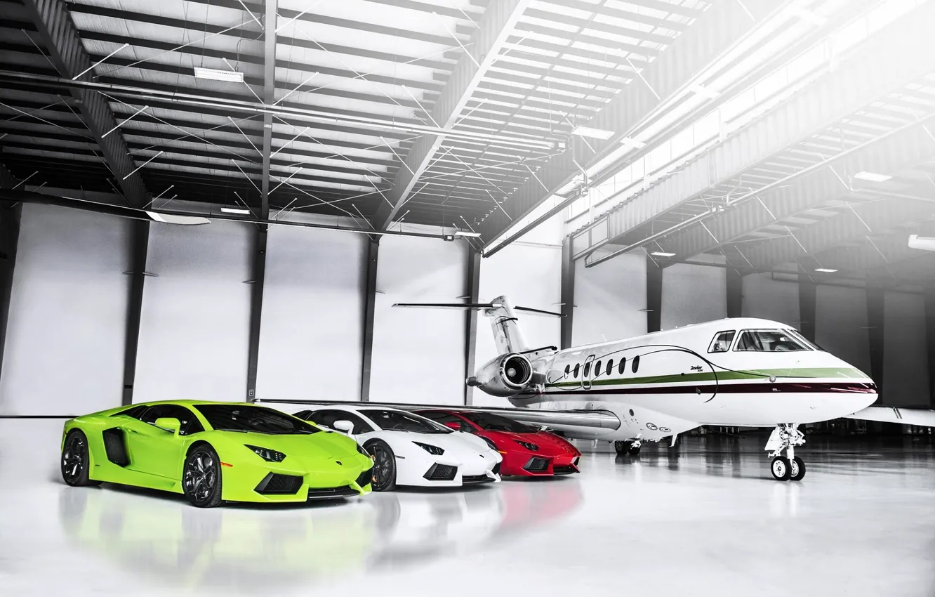 Фото обои Lamborghini, Самолет, Red, Ангар, Green, White, LP700-4, Aventador