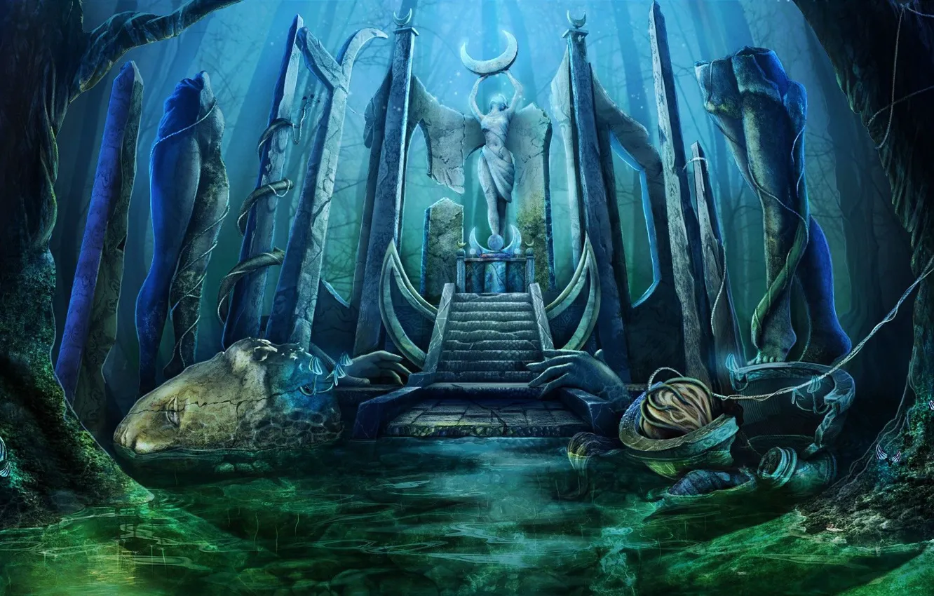 Фото обои прозрачная вода, мох, памятник, статуя, fantasy art, Пантеон, pantheon, statue
