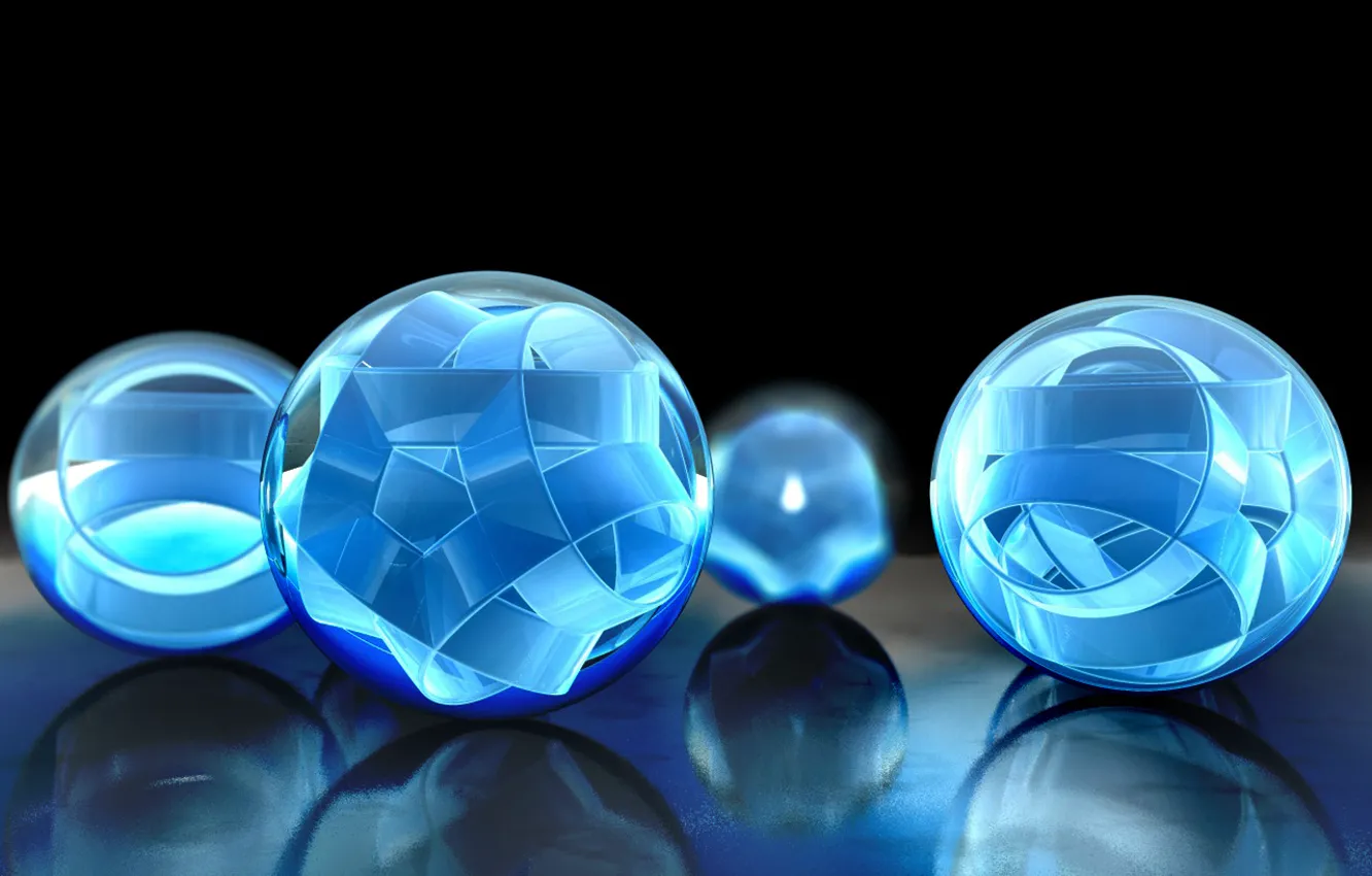 Фото обои отражение, ленты, голубой, шары, объем