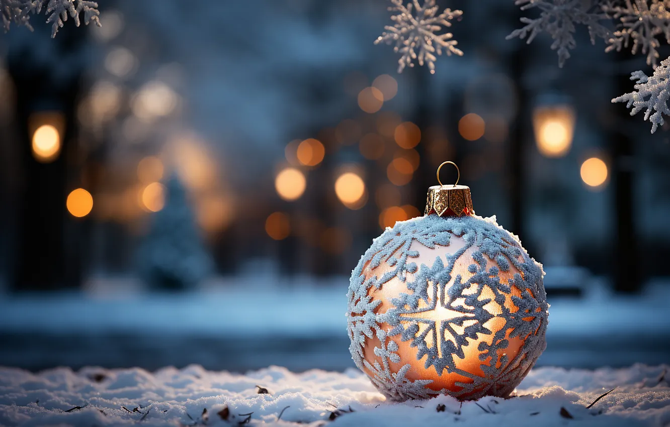 Фото обои зима, снег, украшения, снежинки, шар, Рождество, Новый год, Christmas