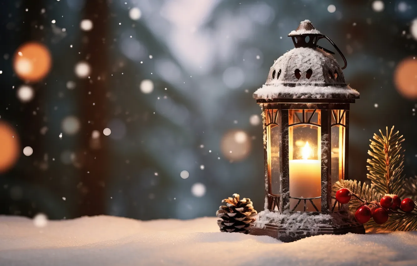Фото обои зима, снег, ночь, Рождество, фонарь, Новый год, Christmas, night