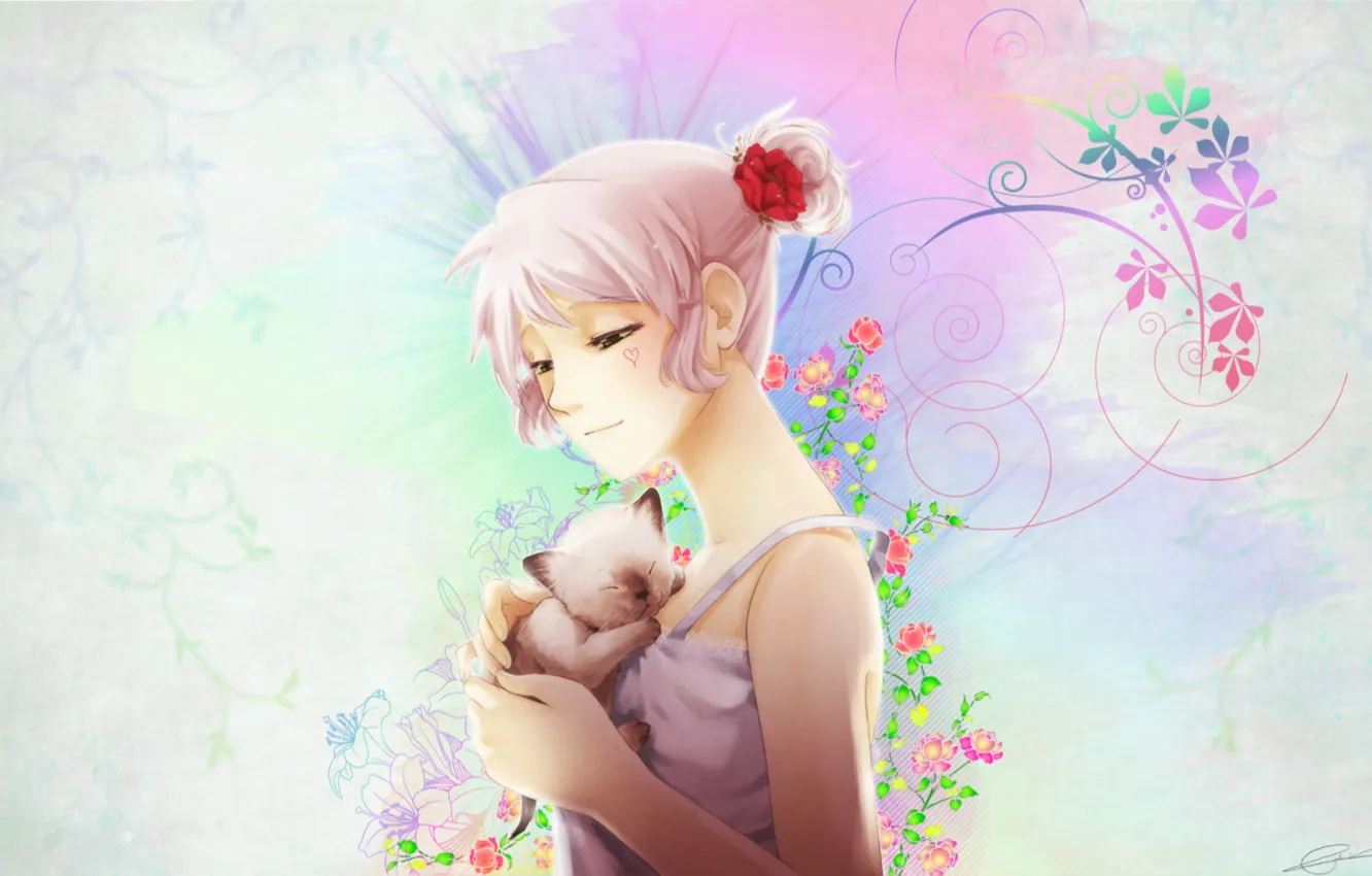 Фото обои цветы, котенок, узор, девочка, белые волосы, сарафан