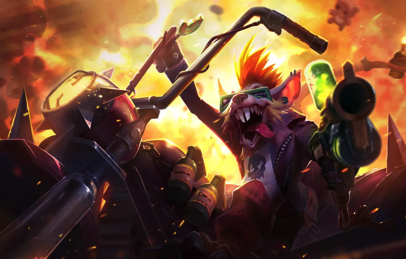 Фото обои пистолет, огонь, фэнтези, байкер, крыса, League of Legends, Kan Liu, Riot Games