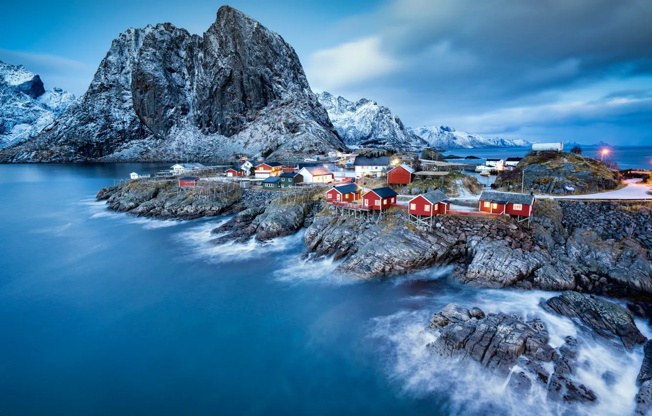 Фото обои вода, горы, дома, Норвегия, поселок, фьорд
