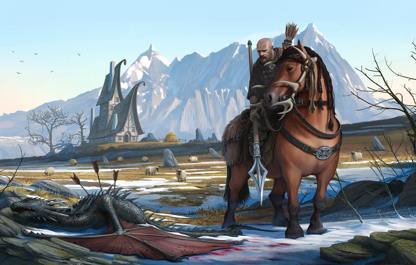 Фото обои горы, конь, дракон, лошадь, воин, фэнтези, арт, сюжет