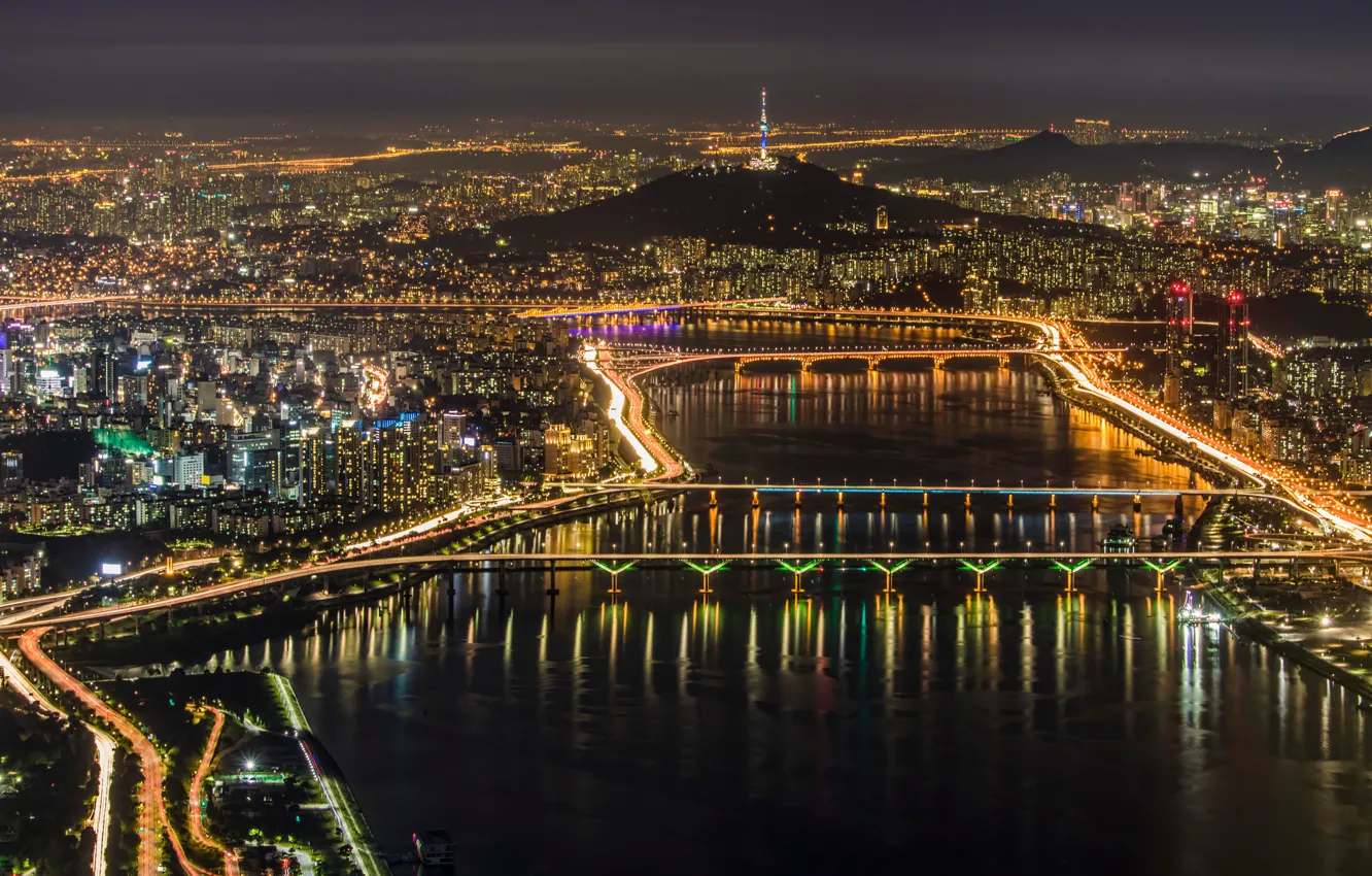 Фото обои город, огни, панорама, мегаполис, Сеул