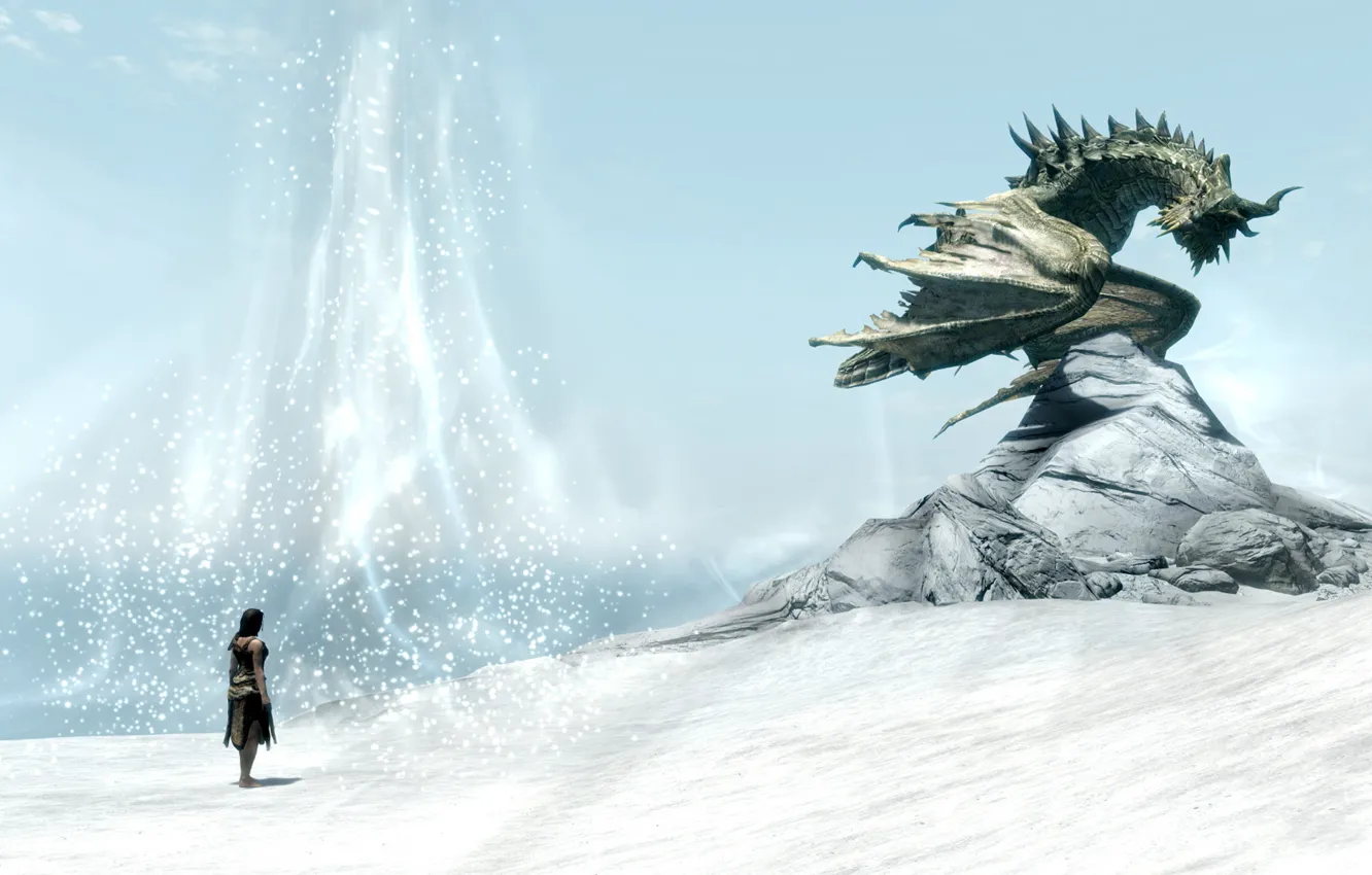 Фото обои зима, девушка, снег, скала, дракон, Skyrim, The Elder Scrolls V