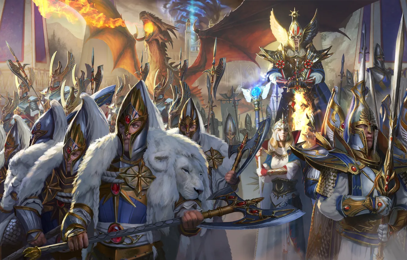 Фото обои Дракон, Доспехи, Воины, Мечи, Game, Total War: Warhammer II