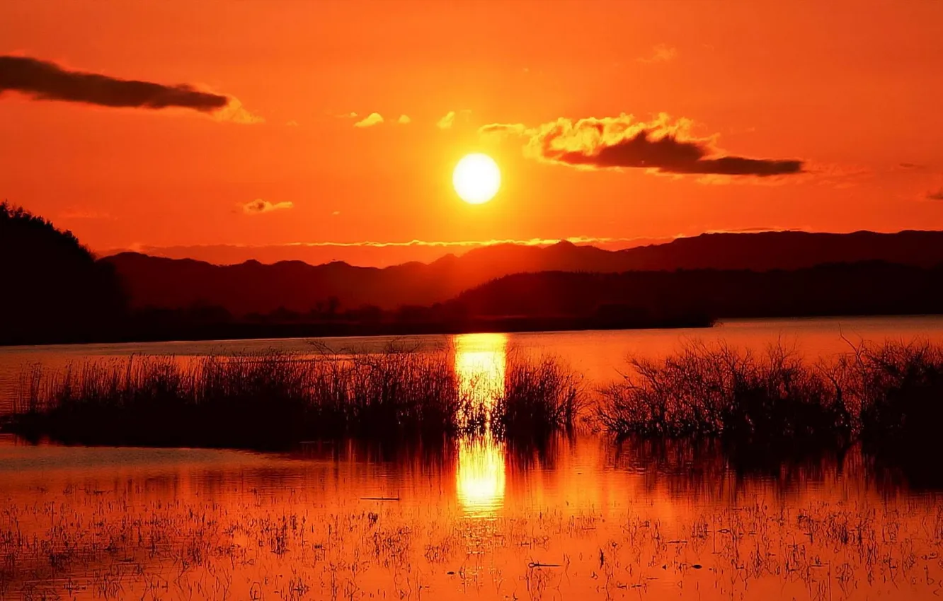 Фото обои вода, солнце, облака, закат, горы, оранжевый, река, растительность