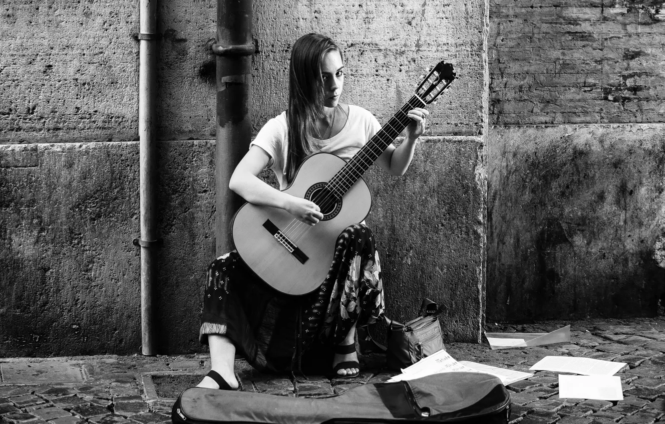 Фото обои девушка, музыка, улица, гитара