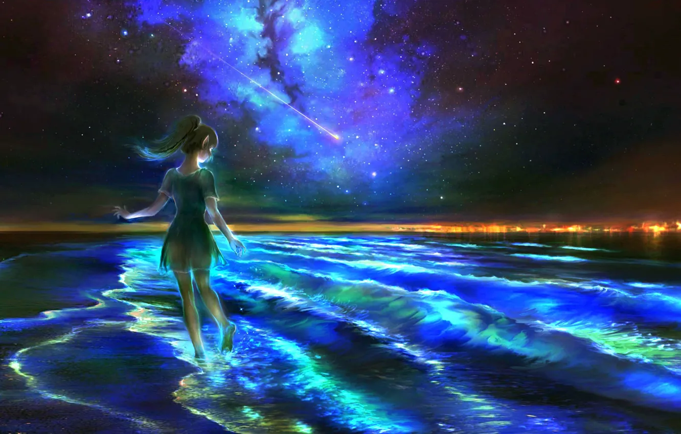 Фото обои море, ночь, фэнтези, эльфийка, млечный путь