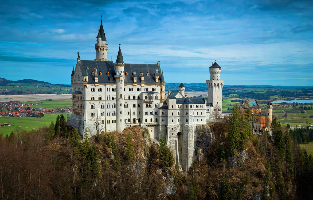 Фото обои Дома, Горы, Деревья, Германия, Замок, Бавария, Germany, Нойшванштайн
