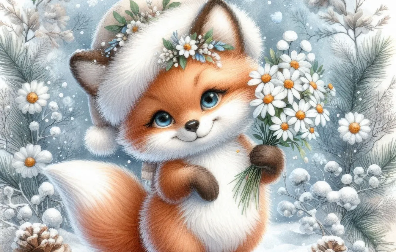 Фото обои зима, снег, цветы, новый год, ромашки, Рождество, лиса, сугробы