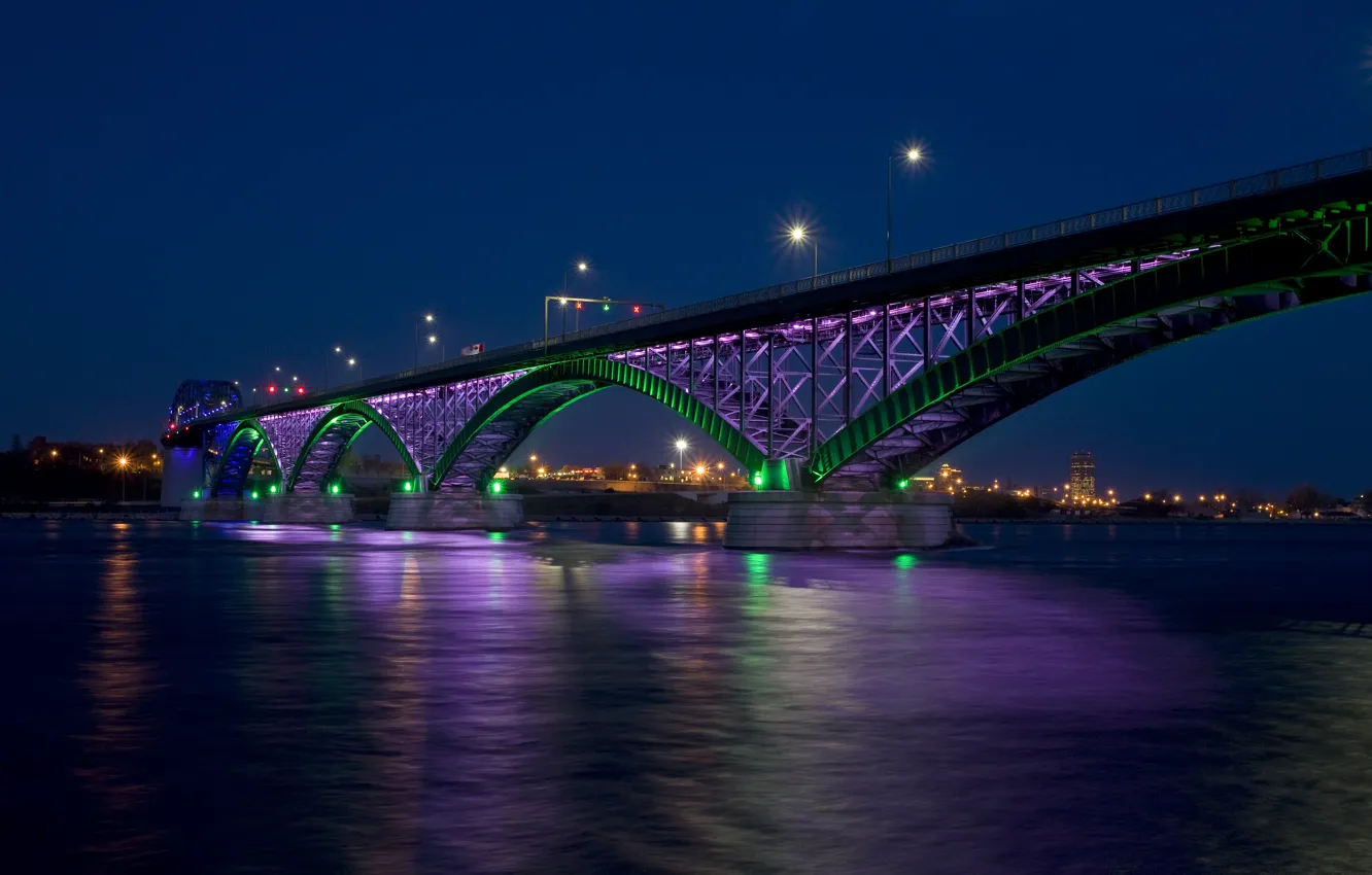 Фото обои ночь, мост, город, огни, залив, Peace bridge