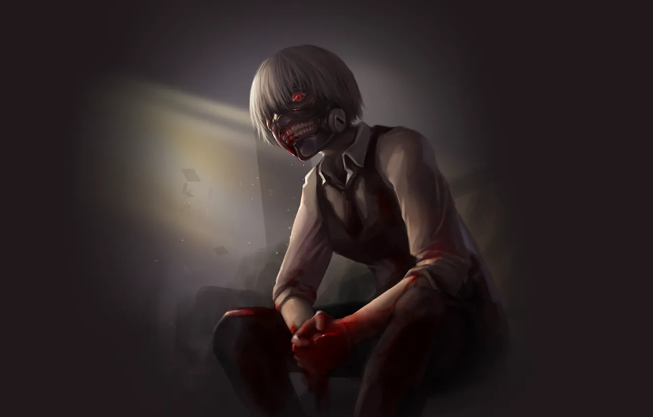 Фото обои взгляд, кровь, аниме, маска, белые волосы, anime, красный глаз, Tokyo Ghoul