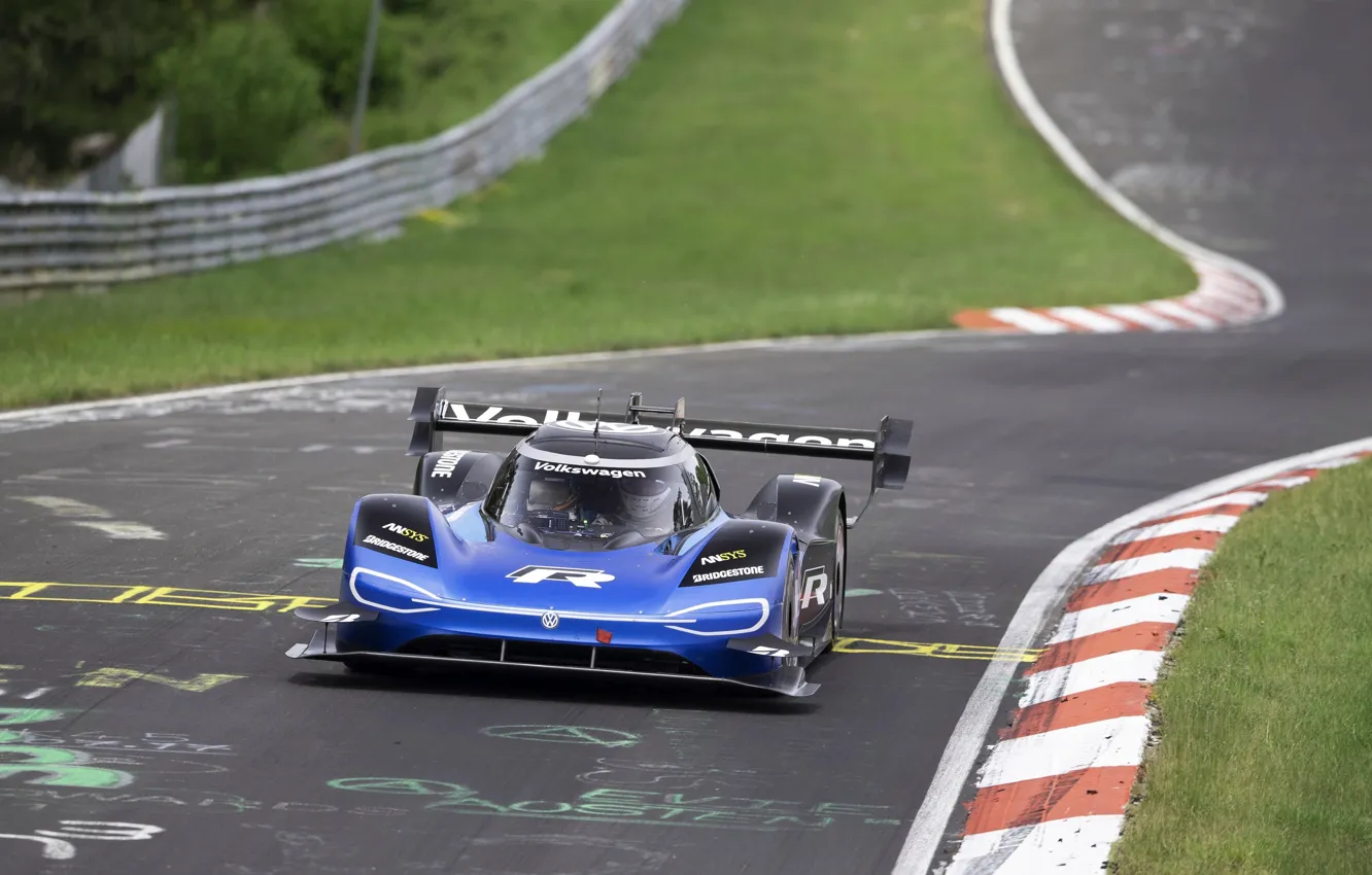 Фото обои асфальт, синий, Volkswagen, прототип, prototype, Nürburgring, Nordschleife, 2019