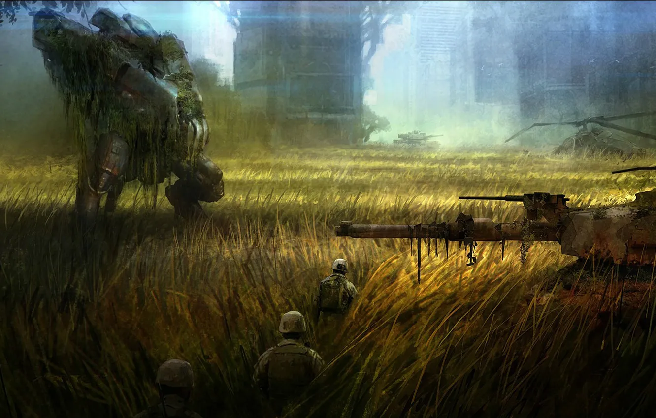 Фото обои поле, город, вертолет, солдаты, танк, Crysis 3