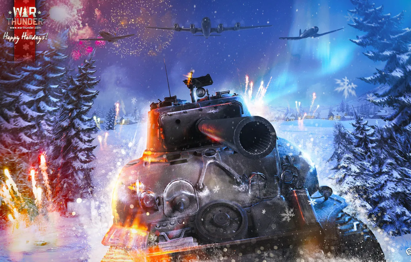 Фото обои ели, танк, Happy New Year, самолёты, War Thunder