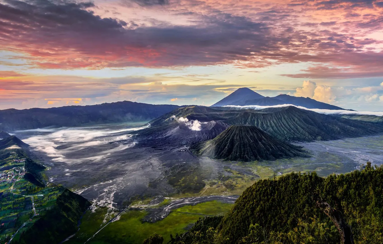 Фото обои гора, Индонезия, панорама, вулкан Бромо