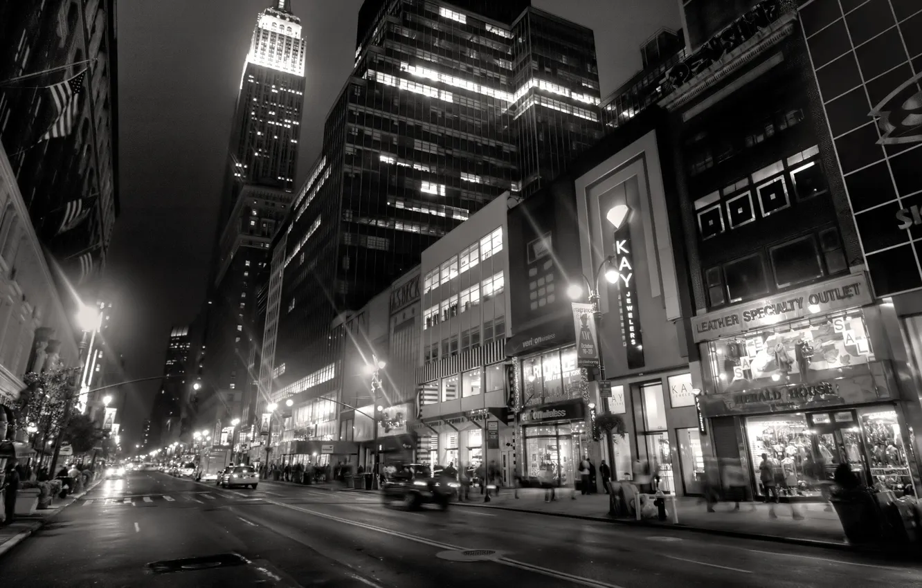 Фото обои ночь, city, город, lights, огни, люди, здания, Нью-Йорк