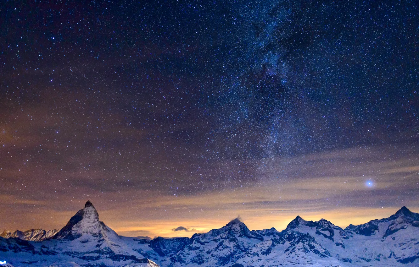 Фото обои небо, звезды, горы, ночь, Альпы, млечный путь